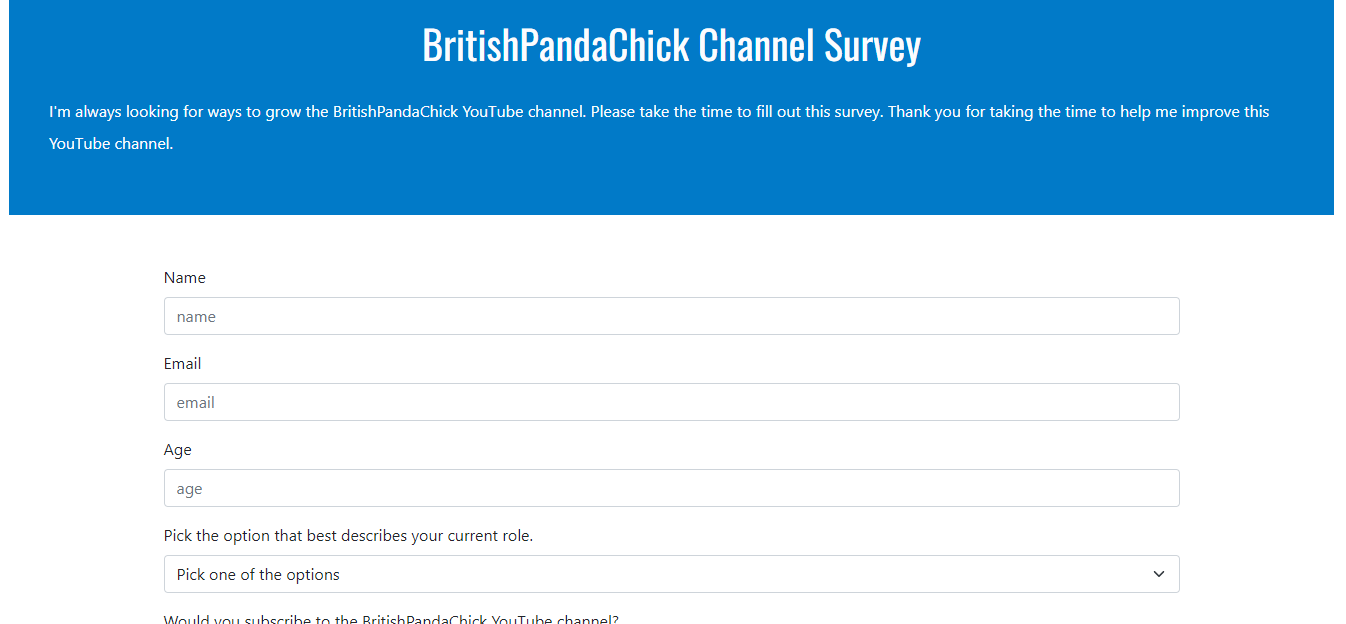 BritishPandaChick YouTube Channel Survey Form